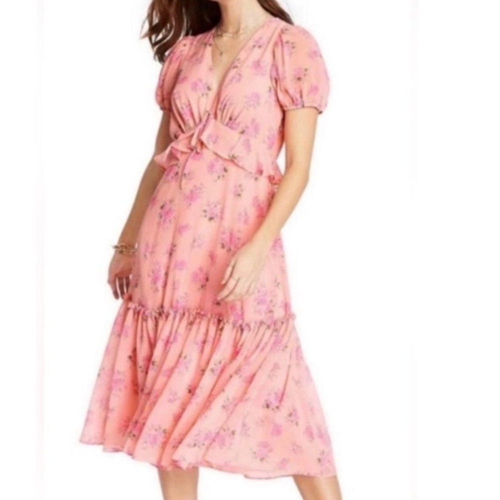 LoveShackFancy Target Pink Floral Ruffle Midi Dress Size 10 Peach Puff Sleeve